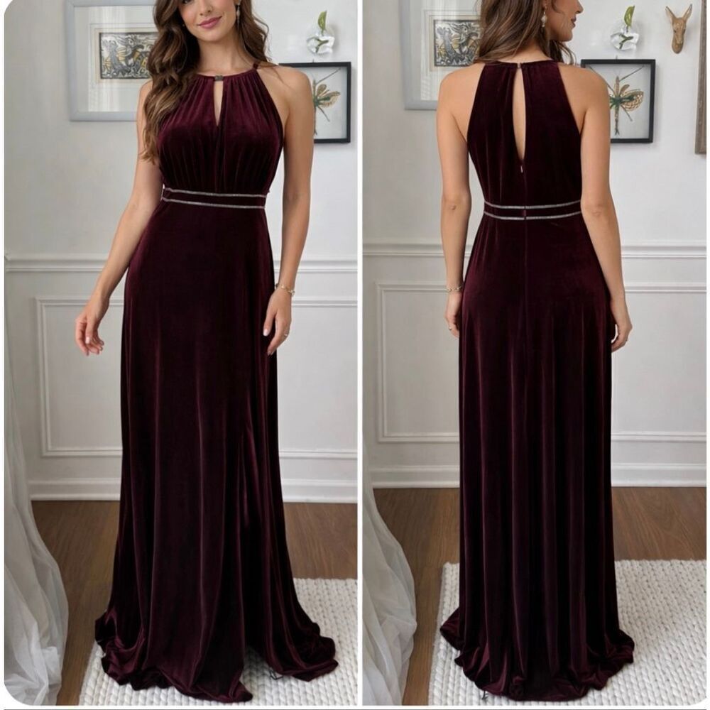 NWT Oleg Cassini Wine Burgundy Velvet High Neck Embellished Gown 10